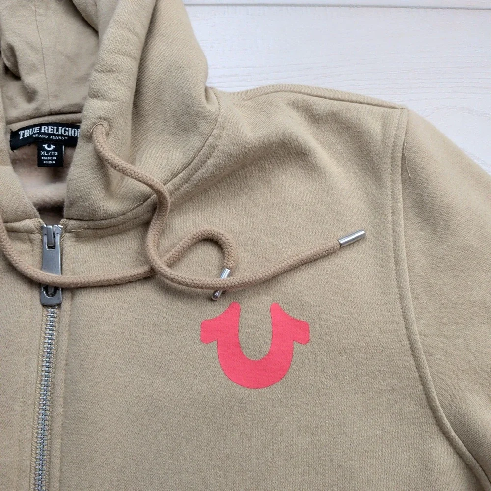 True Religion Buddha Logo Full Zip Up Hoodie Mens XL Tan Khaki Sweatshirt